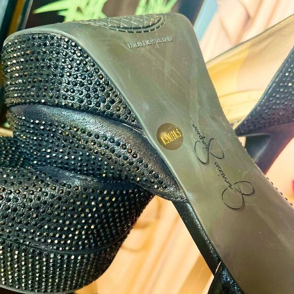 ♥️ Jessica Simpson Black Rhinestone Peep-Toe d’Orsay Pumps - Picture 12 of 13